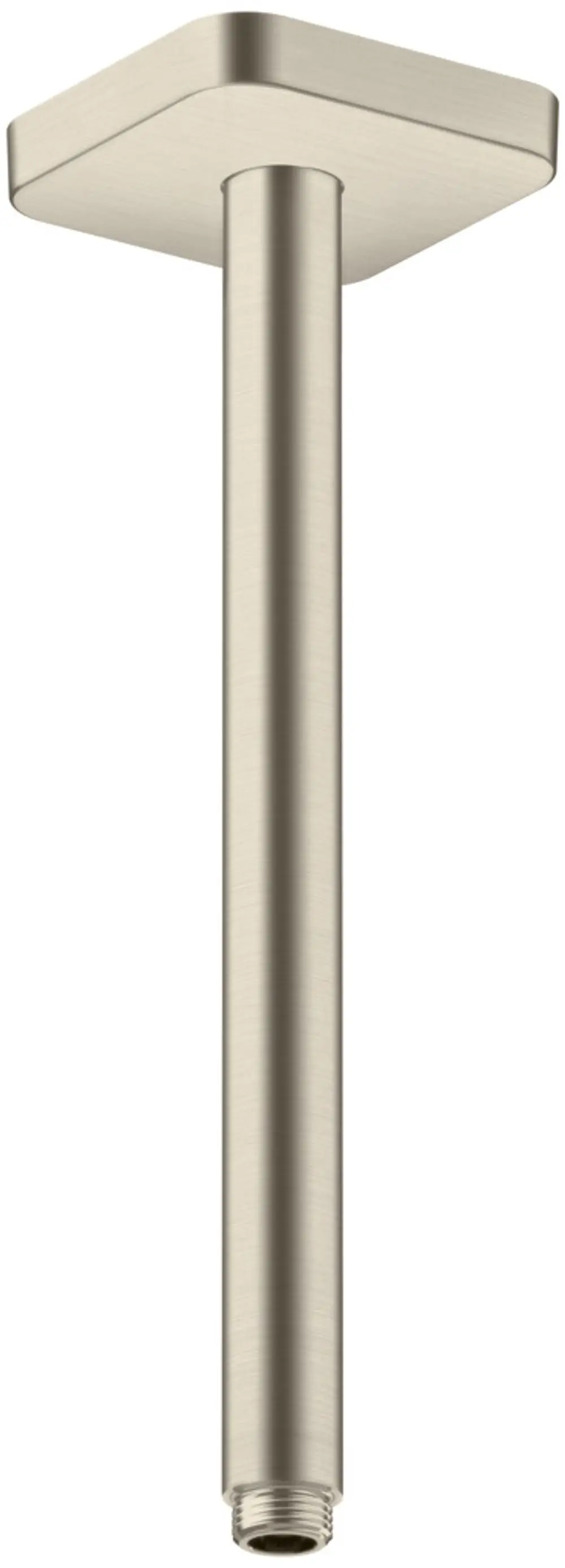 Deckenanschluss von AXOR in gebürstetem Nickel für Duschsysteme, mit einem rechteckigen Oberteil und einem geraden vertikalen Anschlussrohr.